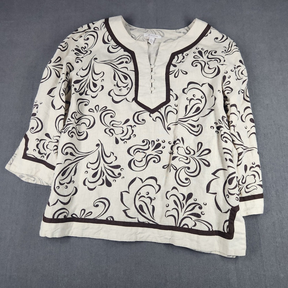 JM Collection Top Womens Size 14 Pull Over Tunic Top Linen Cream & Brown